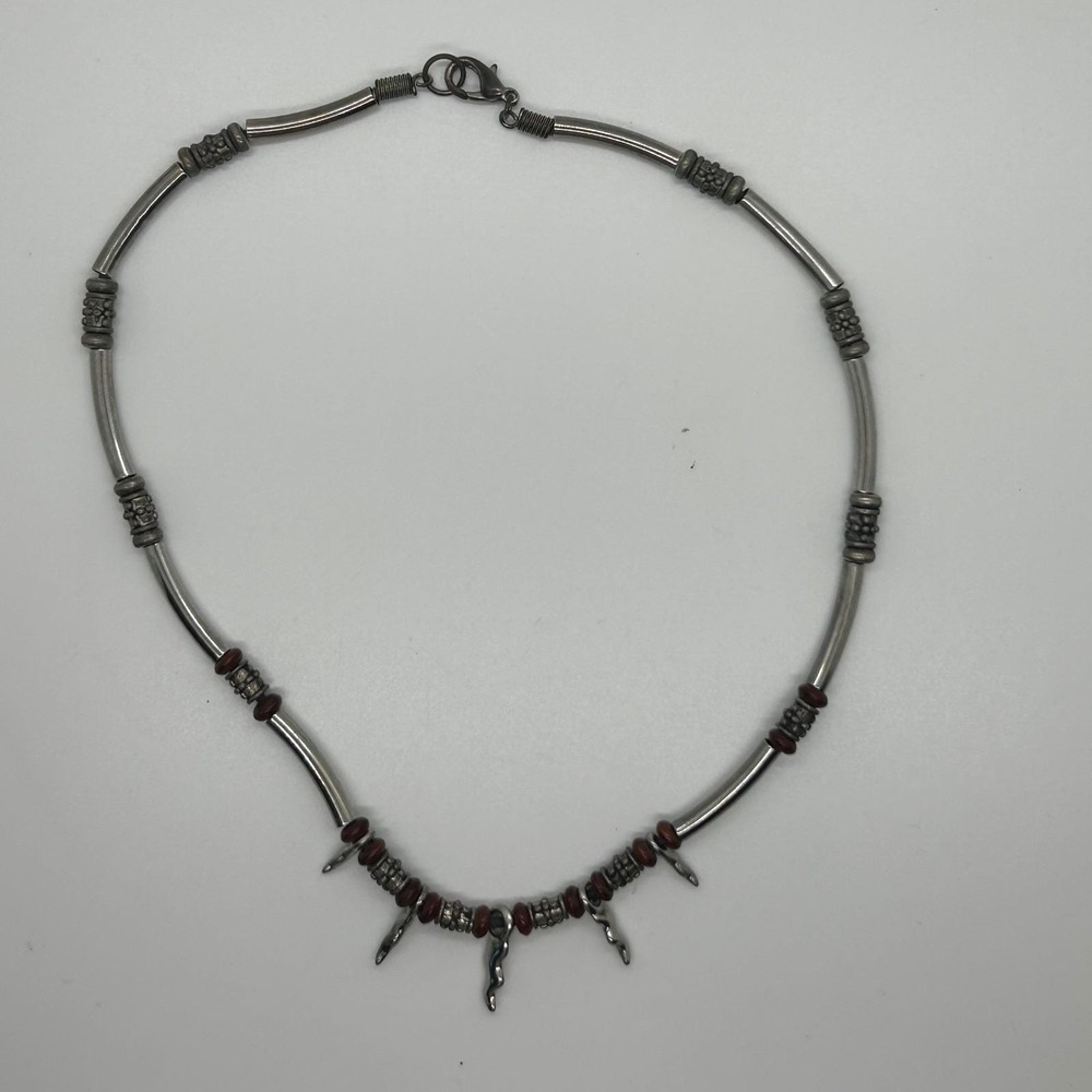 Vintage Style Silver Tone Tribal Choker Necklace Wood Beads Metal Charms 9 In